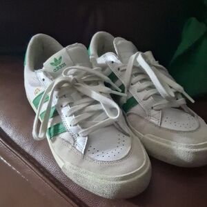 adidas White Sneakers with Green Stripes
